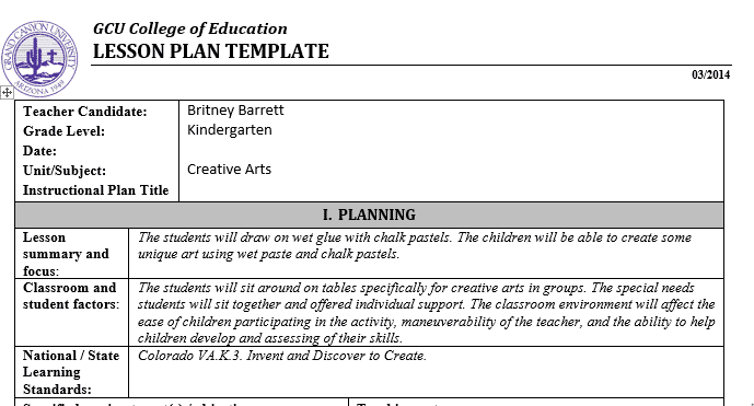 Creative art lesson plan for a kindergarten class