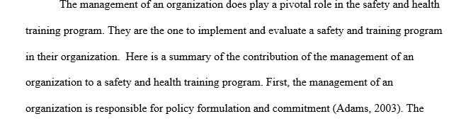 The management contribution to a safety and health training program