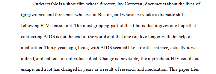 How Has Medication Changed The Face Of Aids? Has Medication Reduced The Rate Of New HIV Infections? Watch Film: Undetectable: The New Face of AIDS. and choose one question from the upload file and write an essay. CITATION: Undetectable: The New Face of AIDS. Dir. Jay Corcoran. Fanlight Productions, 2001. Film.