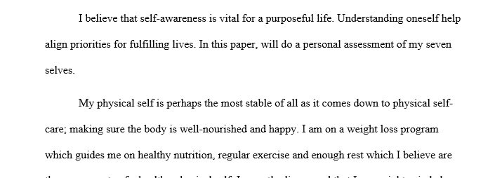 Conduct a brief personal assessment of the seven "selves" of your whole person