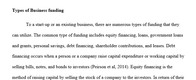 Describe the various types of funding available to a business.