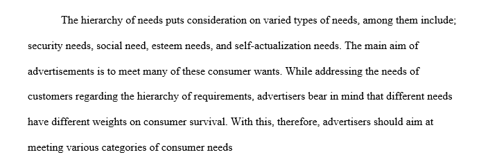 Select two advertisements and describe the needs identified by Abraham Maslow