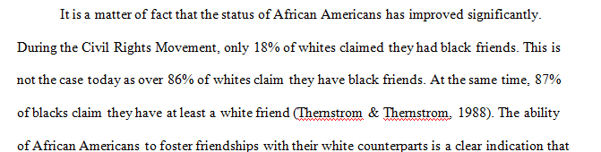 Whether African Americans have improved their status since the end of the Civil Rights Movement