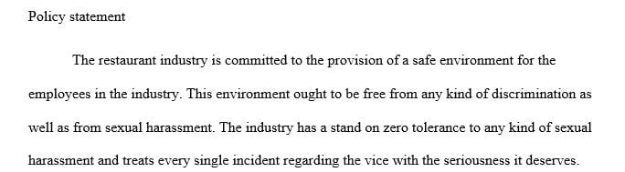 Create a detailed sexual harassment policy for restaurant industry