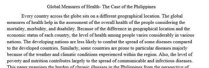 Choose a developing nation to explore the global measures of health and the burden of chronic disease