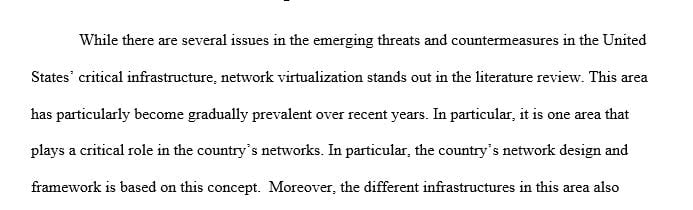 Conduct a literature review in emerging threat and countermeasures in the U.S. critical infrastructure