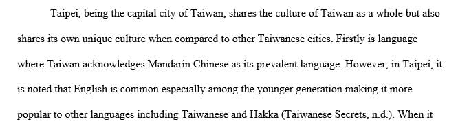 Research the culture of the chosen city and write a two-page essay