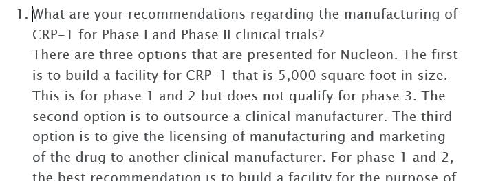 What are your recommendations regarding the manufacturing of CRP-1 for Phase I