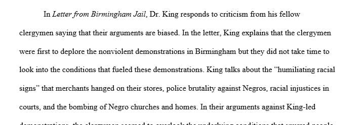 Write a paragraph analyzing one example of how King treats his opposition's arguments