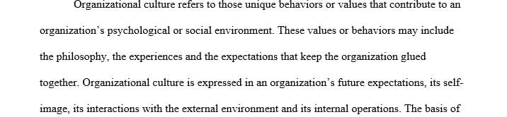 Definition of the concept of organizational culture and explain the role that the organization’s culture