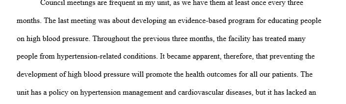 Attending a practice council meeting to propose EBP on education for High Blood Pressure