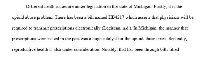Compile a list of five healthcare issues that are currently under Legislation in Michigan