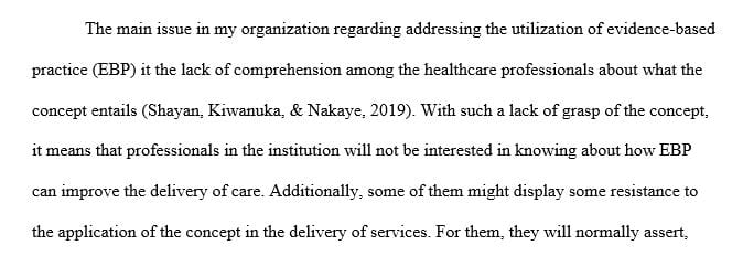 The main issue for your organization in addressing a solution to evidence-based nursing practice