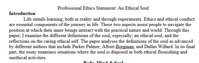 Well-reasoned argument or narrative about the nature of your core ethical self