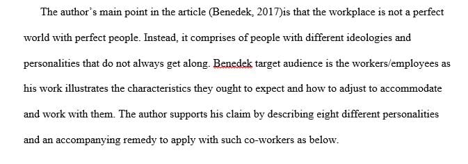 Article Critique on the different personality types or behaviors in the work place