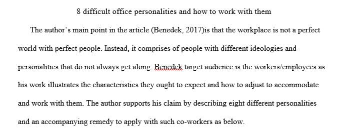 Article Critique on the different personality types or behaviors in the work place