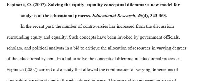 Choose an area from the topic provided (Equity and Equality) and locate 2 articles