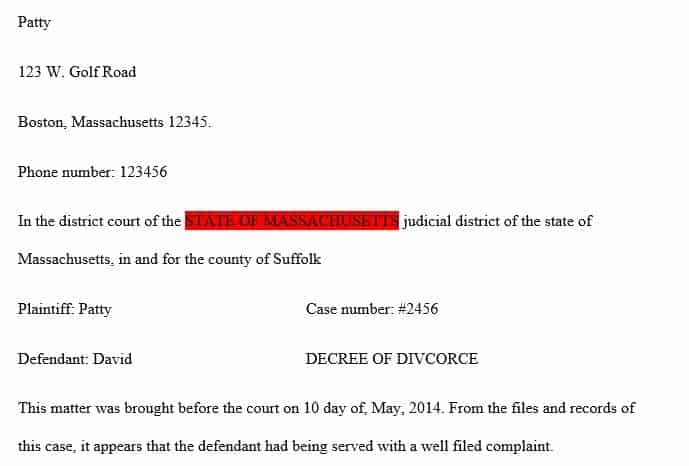 Draft a divorce decree (judgment of divorce) which details the above facts