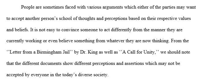 Summarize the two arguments in Letter from a Birmingham Jail and A Call for Unity