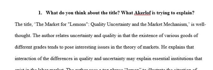 The Market for "Lemons": Quality Uncertainty and the Market Mechanism