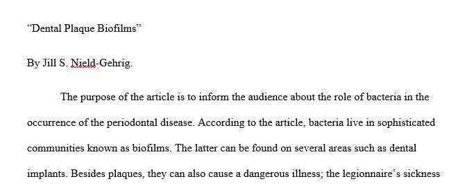 Write a 3 paragraph paper based on an article called dental plaque biofilms