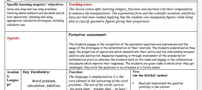 2 pgs Operations and Algebraic Lesson Plan