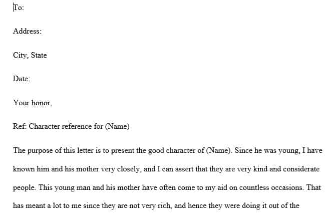 A character letter for a young man who is going to court.