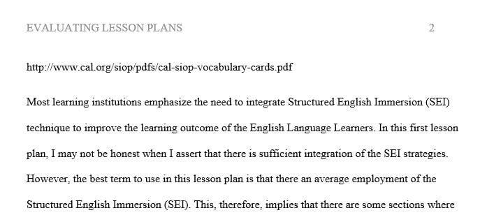 Choose two lesson plans from the “SIOP Lesson Plans and Activities.”