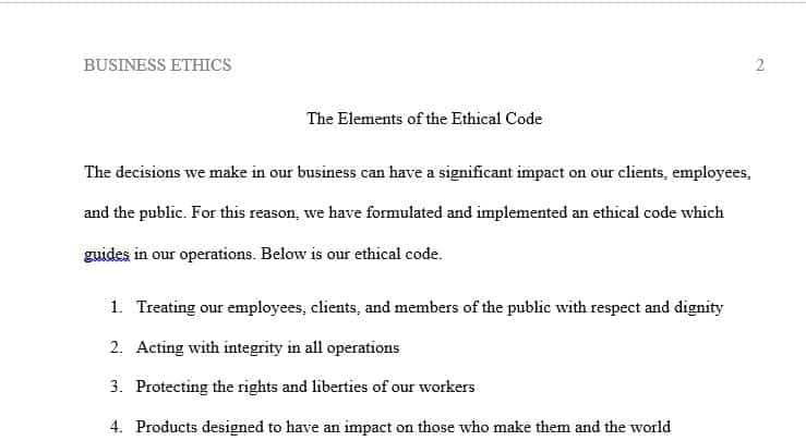 Code of Ethics Begin by preparing of Code of Ethics for a fictional company