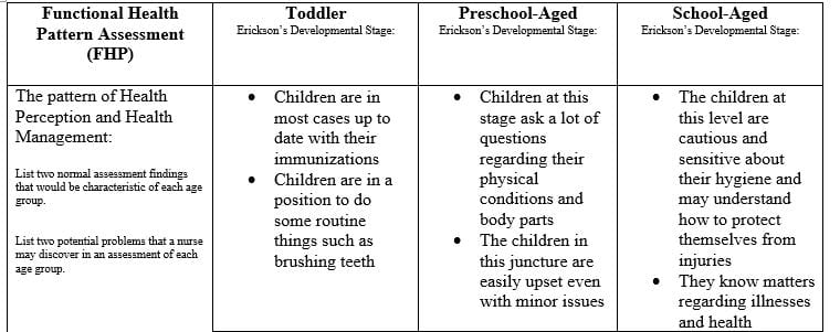 Complete the Children's Functional Health Pattern Assessment.