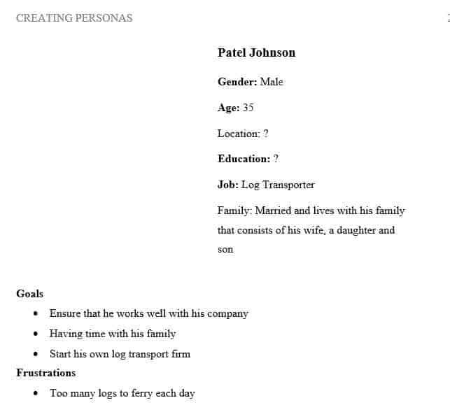 Create personas with 3 goals and 3 frustrations and a bio that includes their hobbies