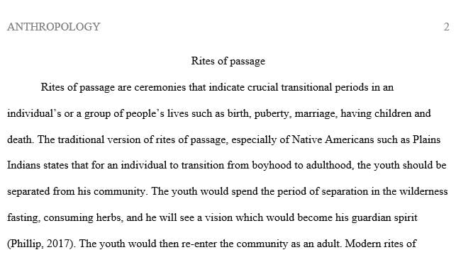 Define rite of passage. Identify three phases that ordinarily constitute a rite of passage