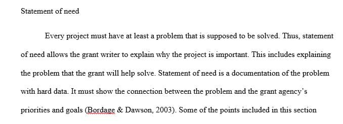 Describe at least 4 of the different elements below that are commonly found in grant proposals