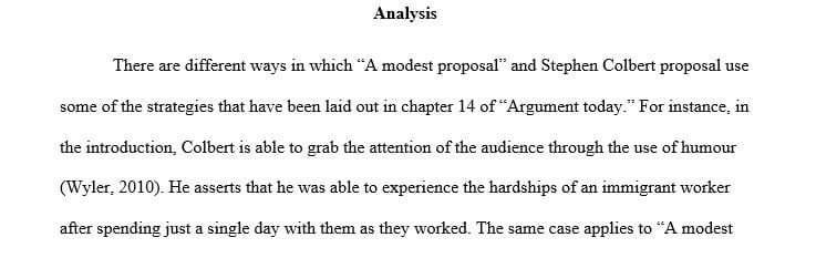 How Swift’s writing and Colbert’s presentation both employ the strategies from Chapter 14 of Argument Today