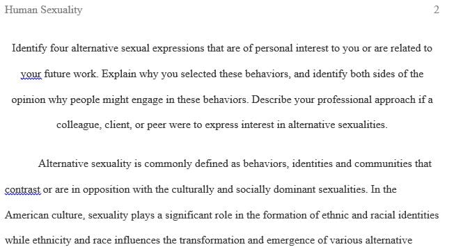 Identify four alternative sexual expressions that are of personal interest to you or are related to your future work
