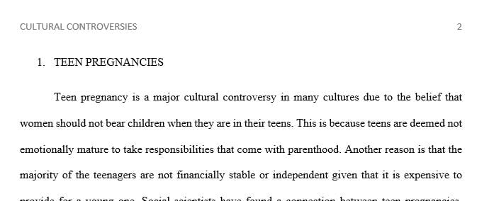 Identify four sexual issues with cultural controversies that relate to your personal interests or your future work