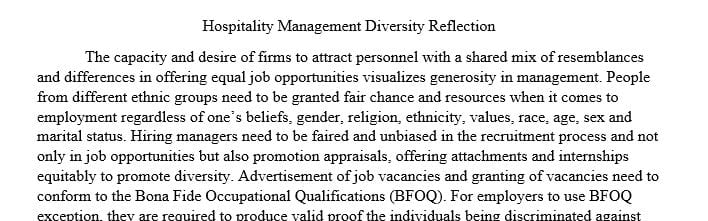 Reflection paper for hospitality management diversity class