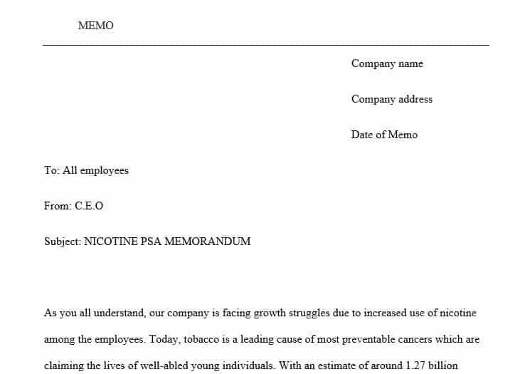 Write a one-page memo of approximately 300 to 500 words against the use of nicotine