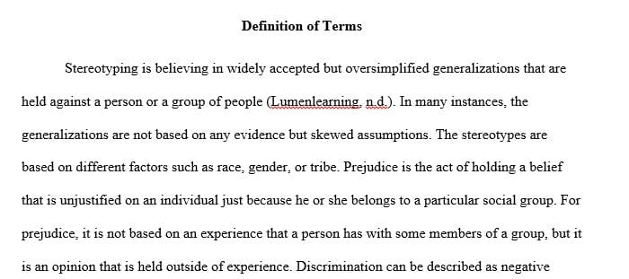 Define and compare prejudice, discrimination and stereotyping.