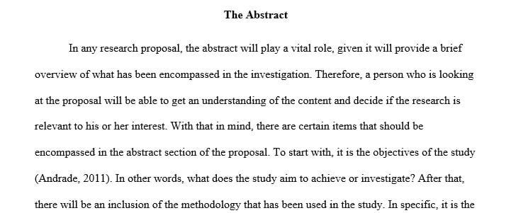 Discuss the items that should be included in the abstract and introduction of a research proposal.