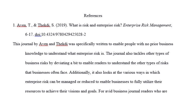 Literature review of 20 articles relating to Enterprise risk management or risk management