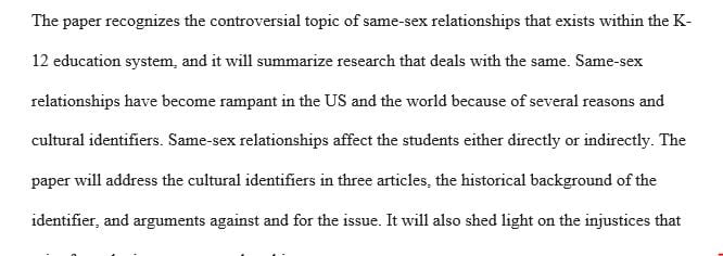 Research paper on a controversial topic involving a cultural identifier and the implications for K-12 public education.