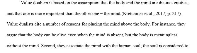 Identify an example of dualism related to the kinesiology profession