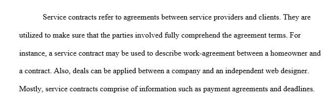 Write a 500-750-word essay that provides a basic overview of contract law as it relates to service contracts.