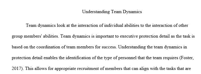 1- to 2- page summary explaining the importance of team dynamics for executive protection