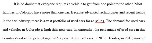 Accurate market search and business plan for  used cars dealership in Colorado- USA.