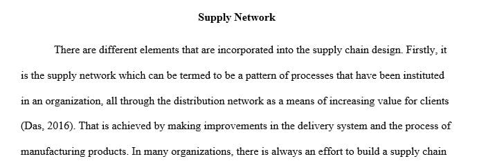 Discuss the three design elements in supply chain design: supply network, assembly and distribution.