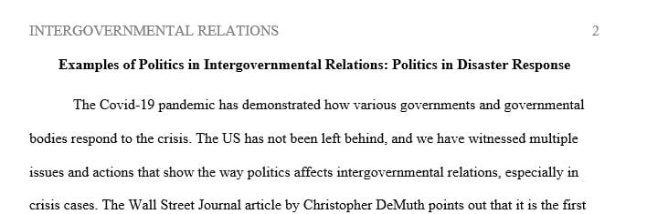 Discussion: Examples of Politics in Intergovernmental Relations