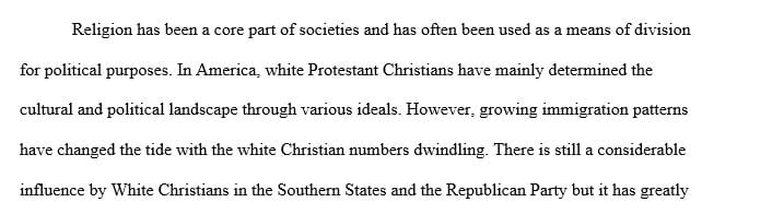 Religion in America Culture Wars Synthesis paper. 3-5 pages Uses Jones book The End of White America