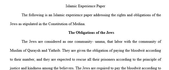 Identify the rights and obligations of the Jews as it was stipulated in the Constitution of Medina